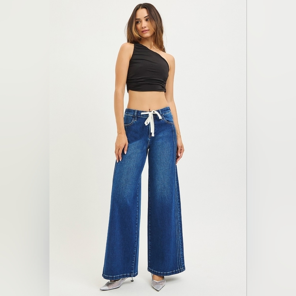 Risen MR Dark Wash Wide Leg Cinch Tie Waist Pintuck Side Seam Detail Various NEW